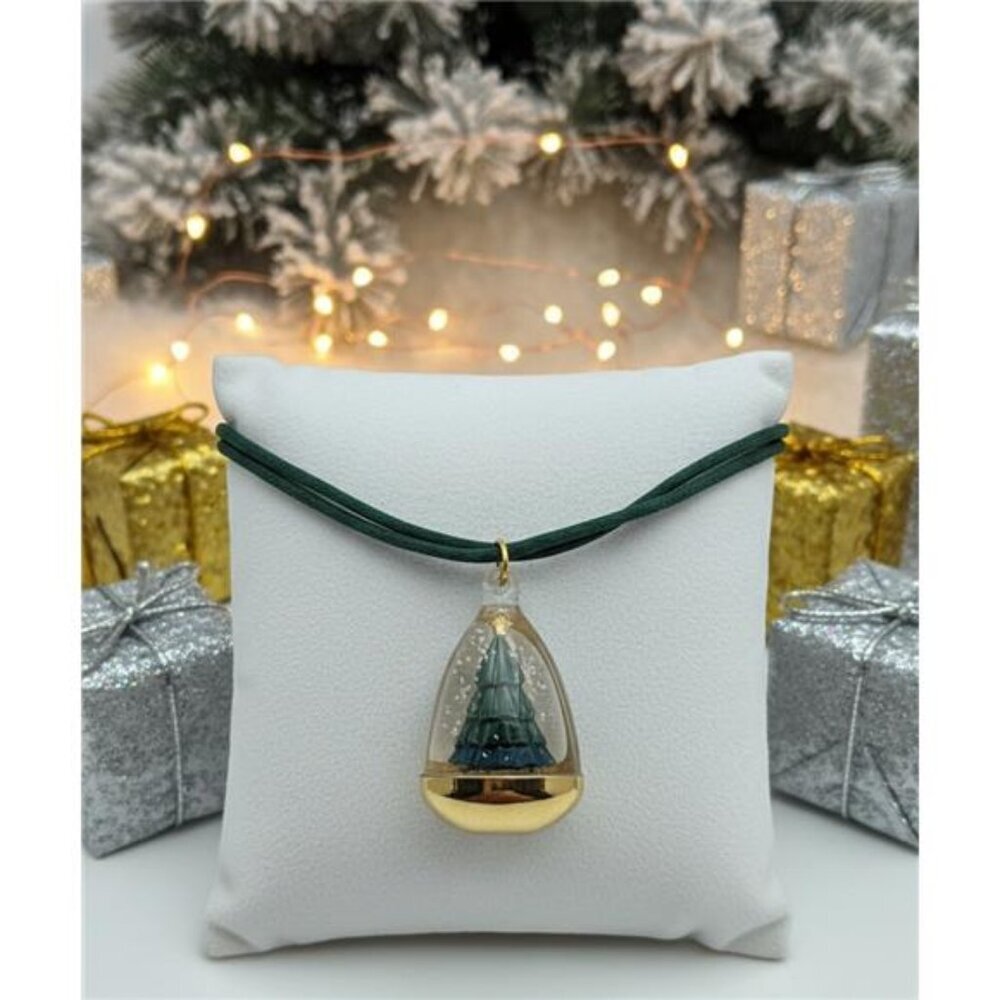Vintage Christmas Snow Globe Pendant Necklace, Tree Lucite Charm, 30 In Cord